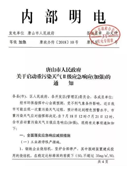 唐山啟動重污染天氣應急響應 鋼鐵燒結機豎爐、水泥企業全部停產