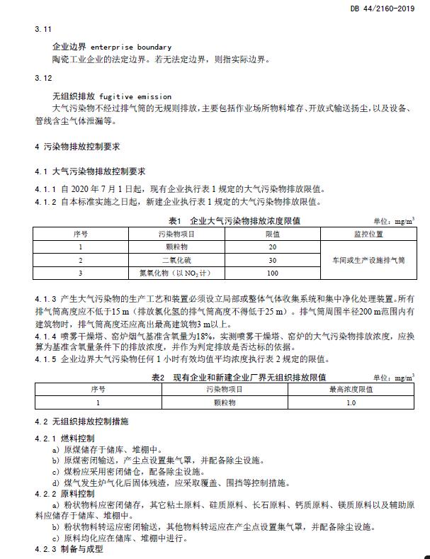 《陶瓷工業大氣污染物排放標準》DB 44/2160-2019